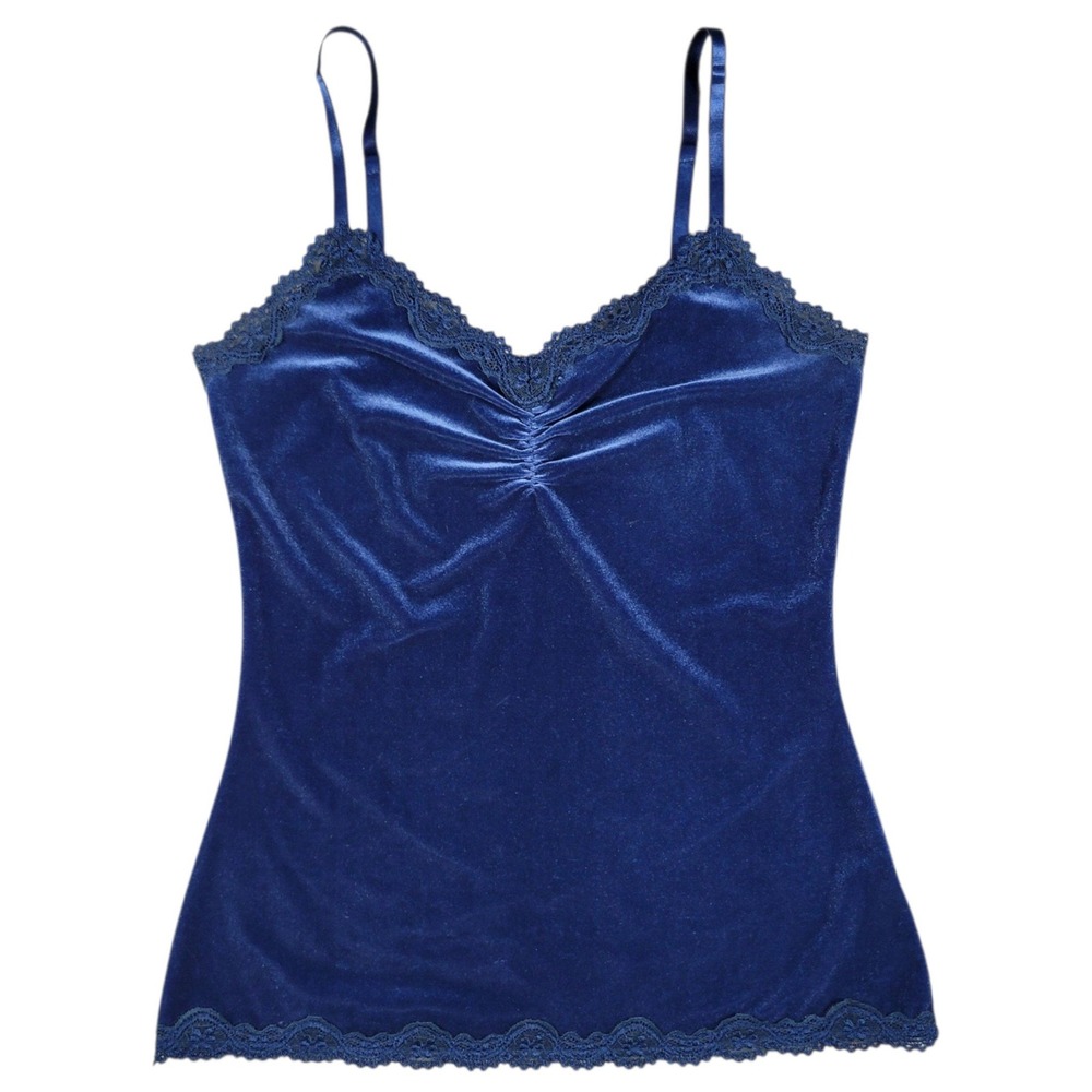 Cami Tank Top Womens S Blue Velvet Lace Trim Stretch Y2K Coquette Camisole VTG